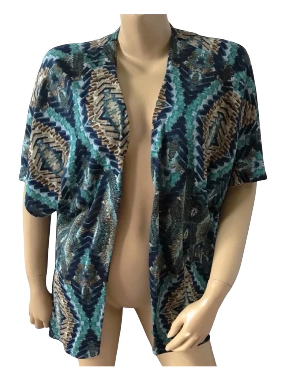 Charming Charlie Kimono Cardigan Womens M Boho Aztec Print Sweater Blue Green
